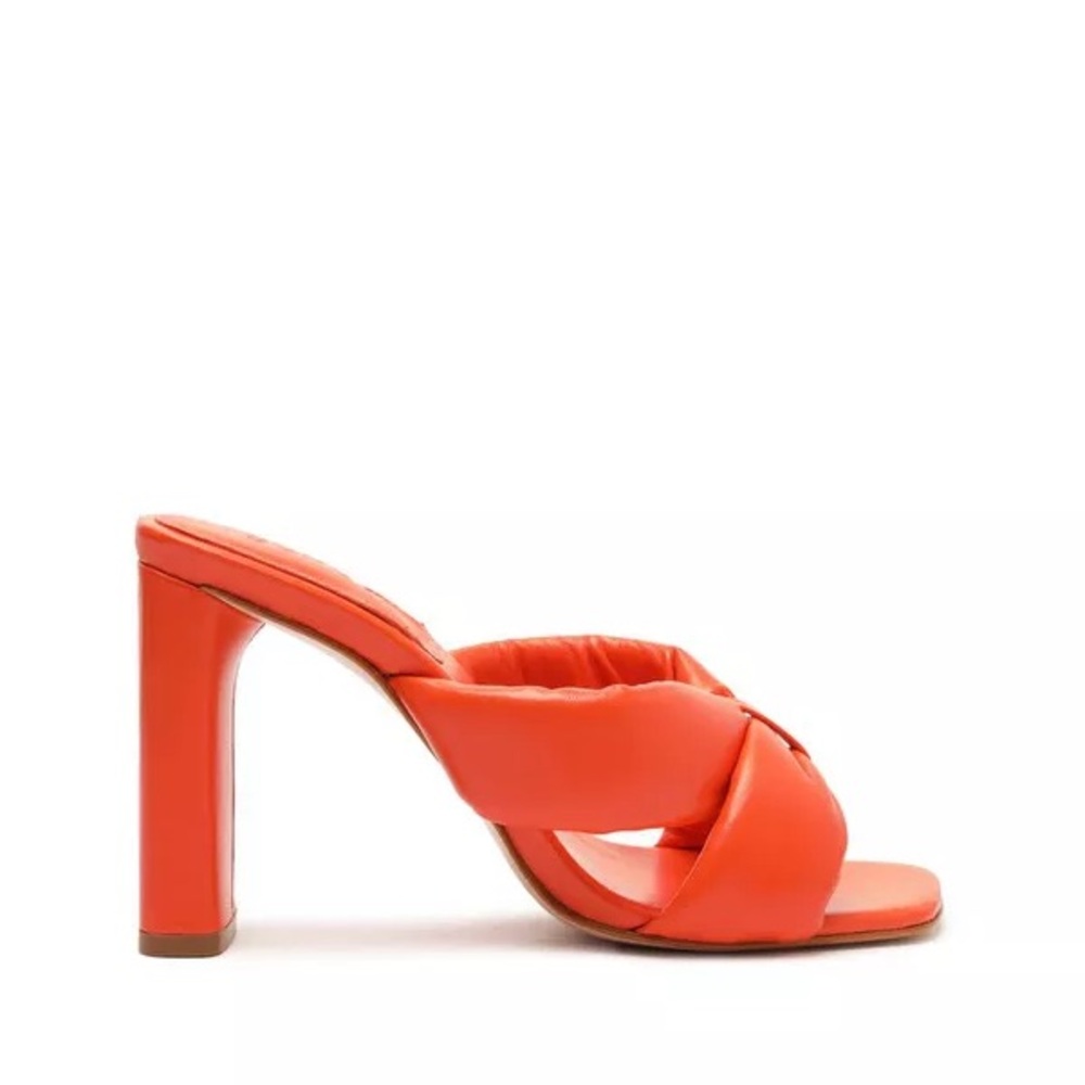 SCHUTZ Fairy High NappaOrange Heels with Chunky Square Heel and Crossover Straps